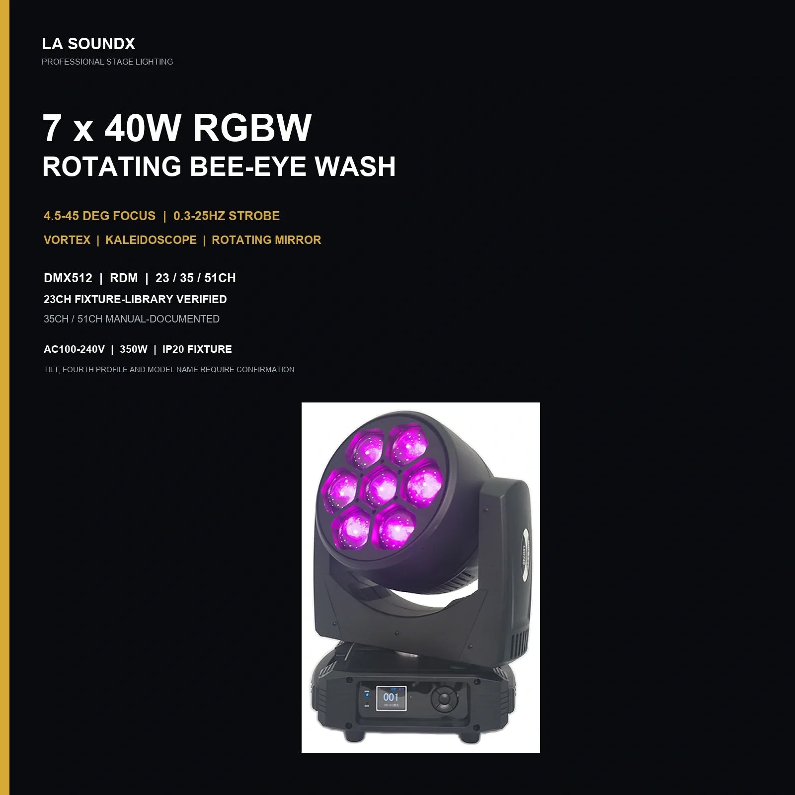 LA SOUNDX EYE4007 7 x 40W RGBW Rotating Bee Eye Moving Head Wash product image 02 delivery 132