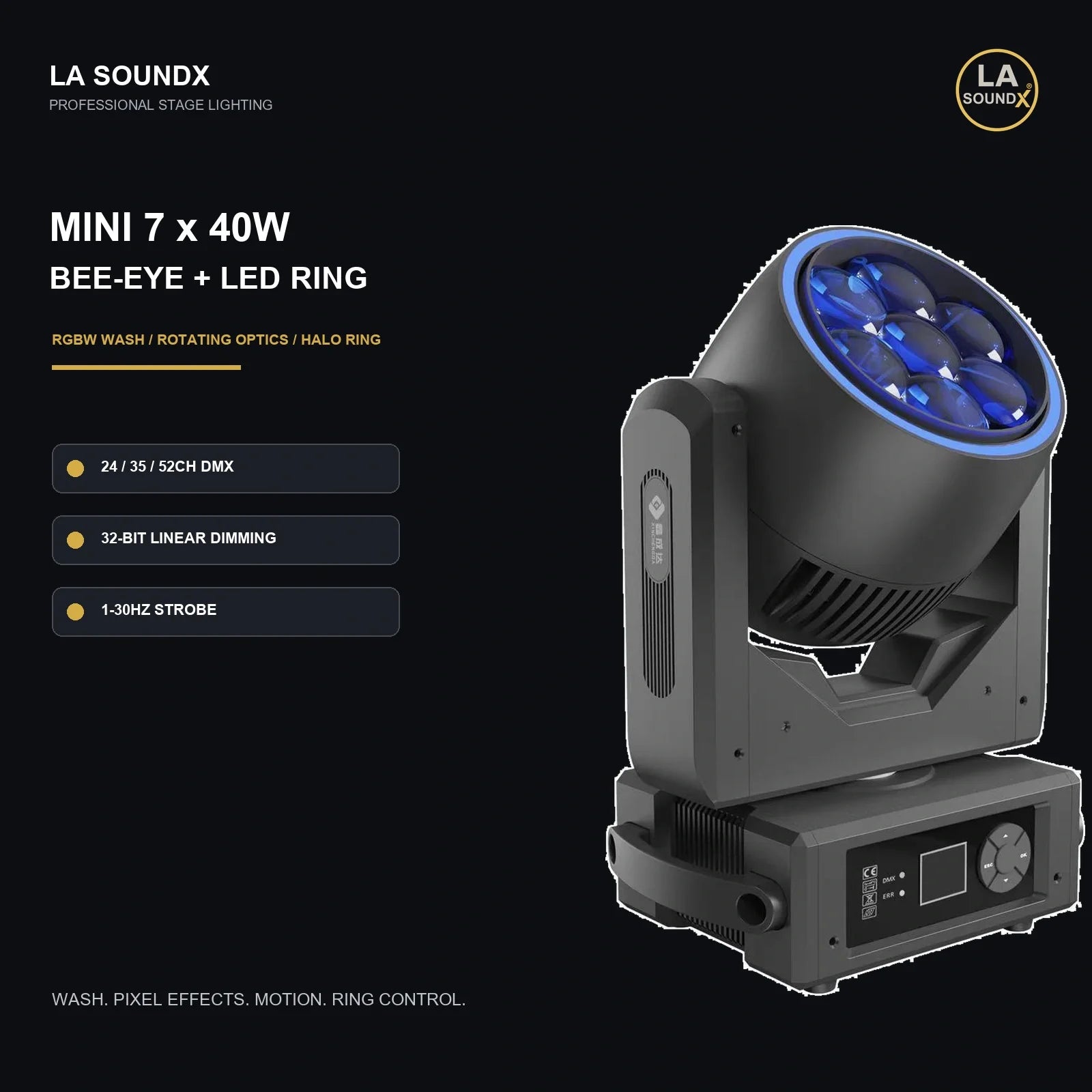 LA SOUNDX Mini 7 x 40W Bee-Eye Moving Head with LED Ring product image 02 delivery 021