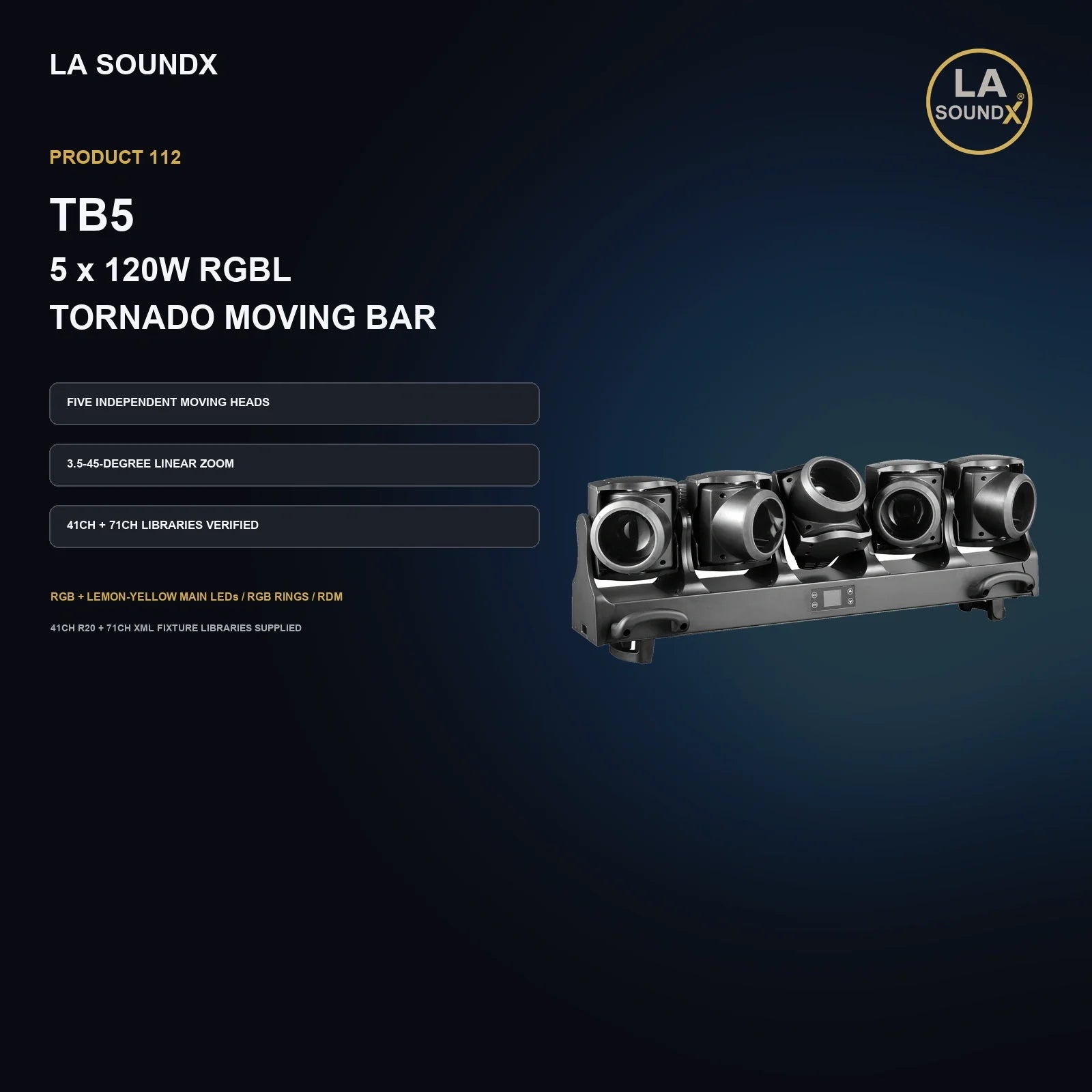 LA SOUNDX TB5 5 x 120W RGB + Lemon-Yellow Tornado Moving Head Bar product image 02 delivery 112