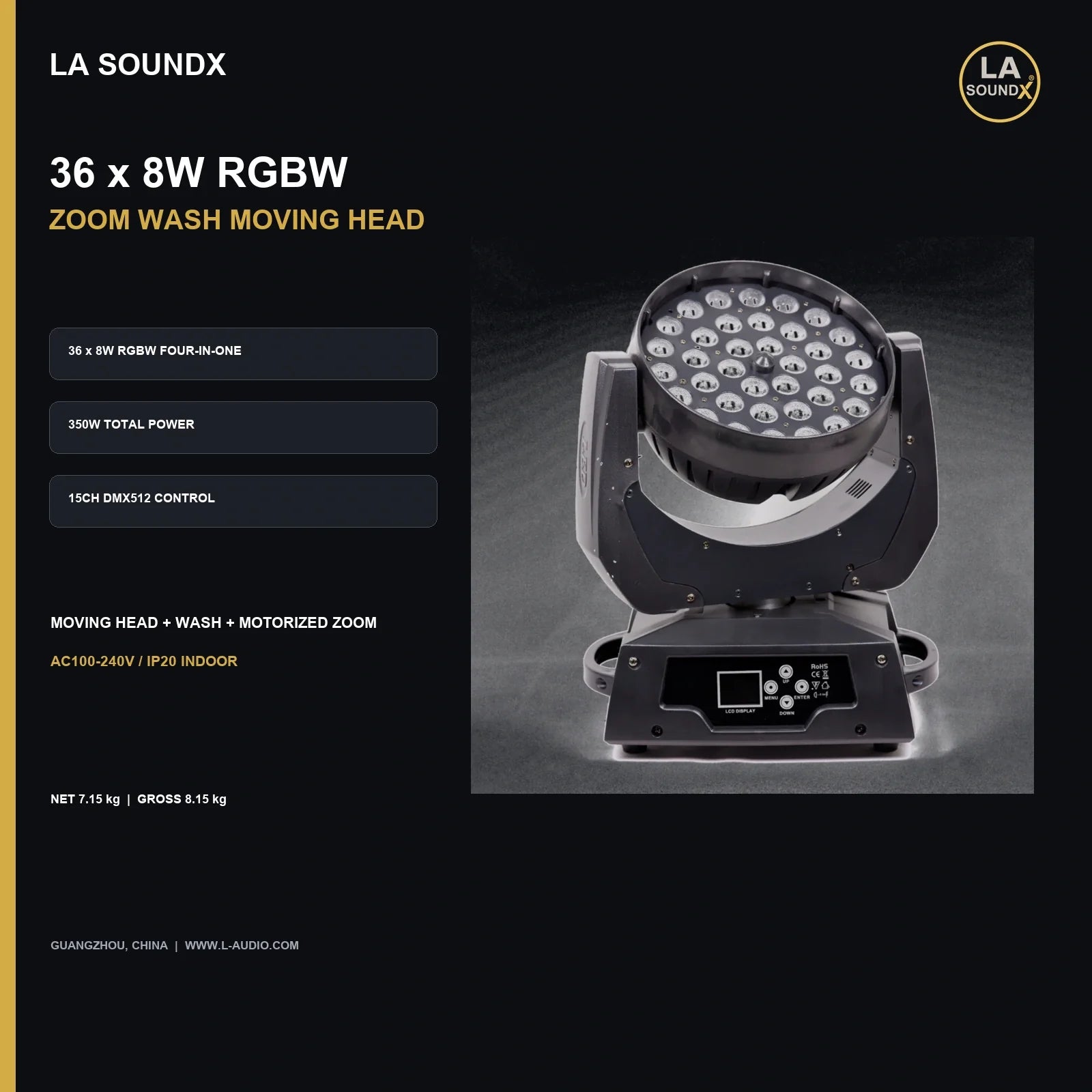 LA SOUNDX 36 x 8W RGBW Zoom Wash Moving Head product image 02 delivery 056