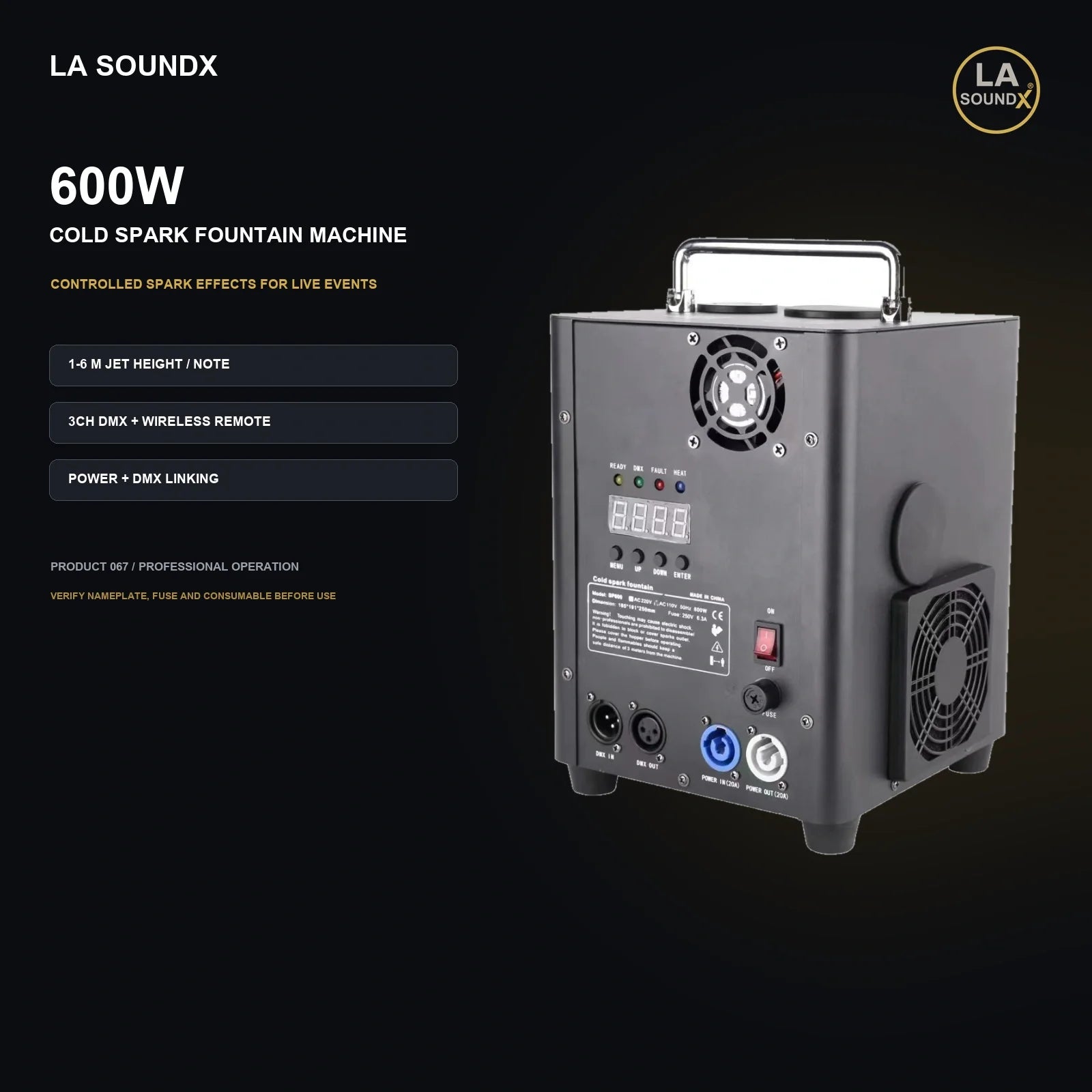 LA SOUNDX 600W Cold Spark Fountain Machine product image 02 delivery 067