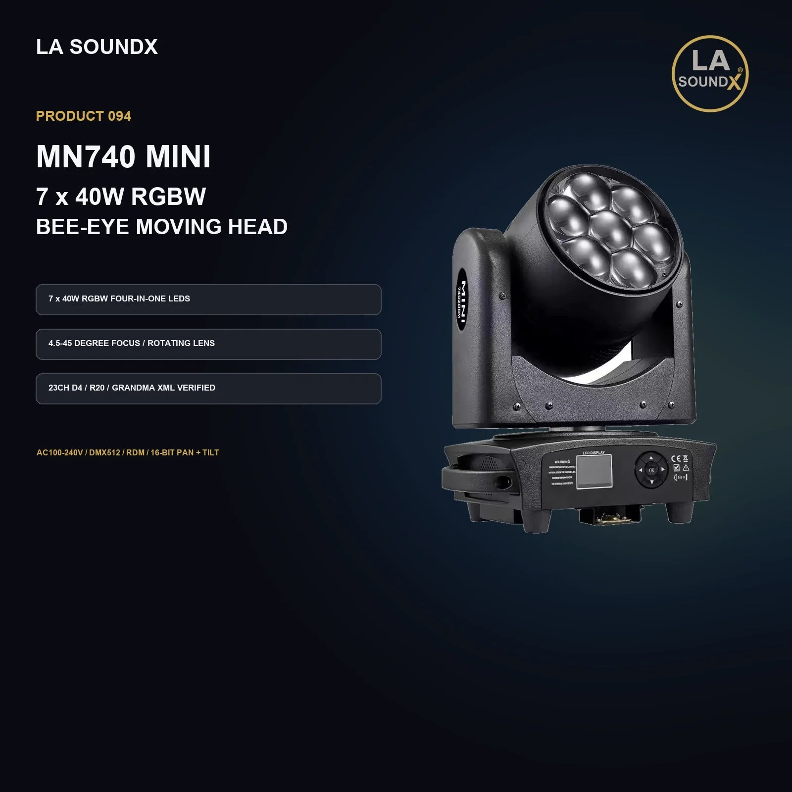 LA SOUNDX MN740 Mini 7 x 40W RGBW Bee Eye Moving Head product image 02 delivery 094