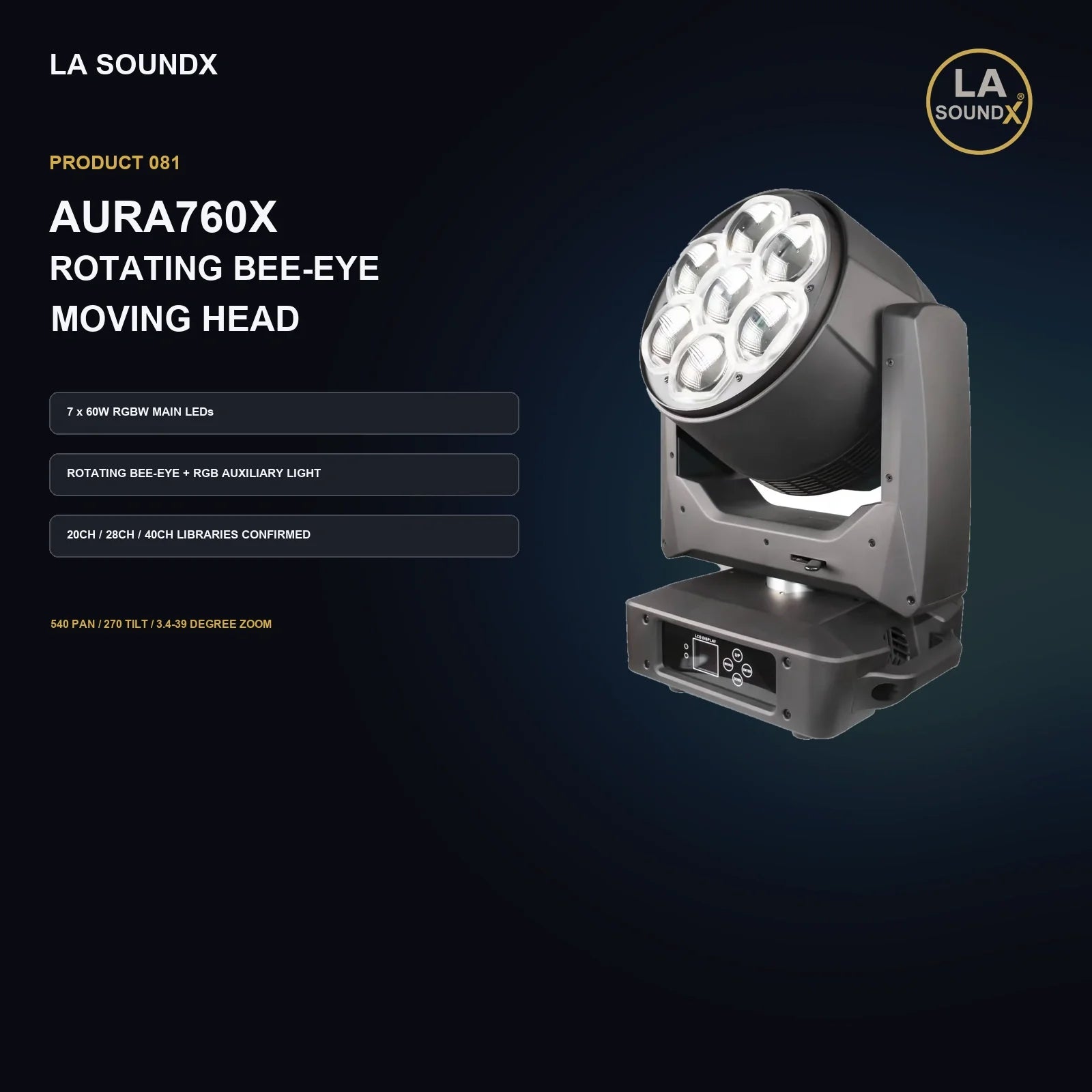 LA SOUNDX AURA760X Rotating Bee Eye Moving Head product image 02 delivery 081