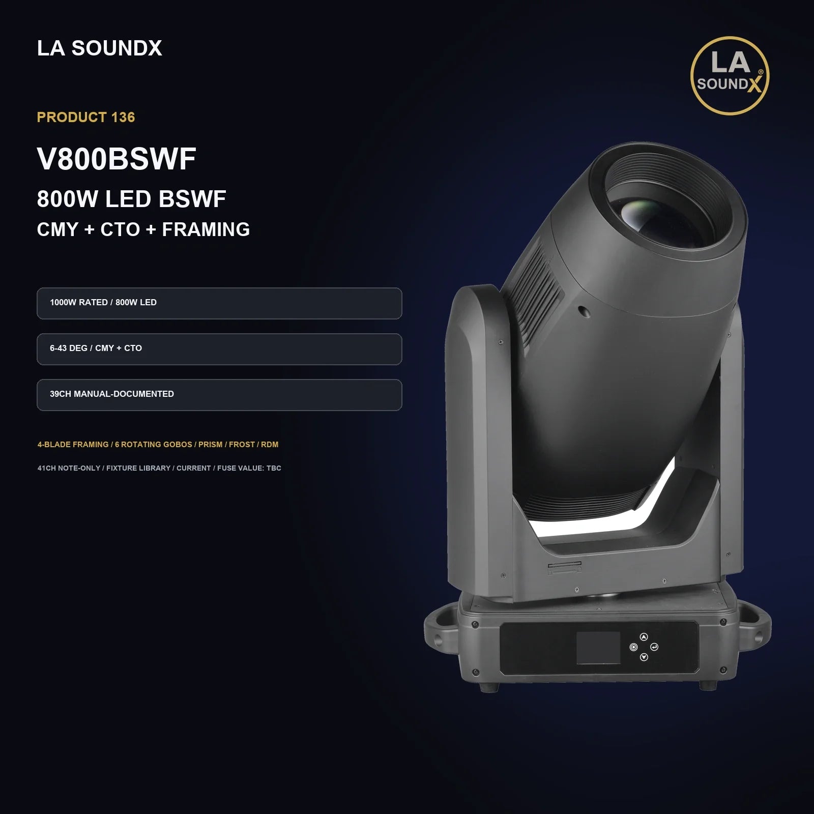 LA SOUNDX V800BSWF 800W LED CMY CTO Framing Moving Head product image 02 delivery 136