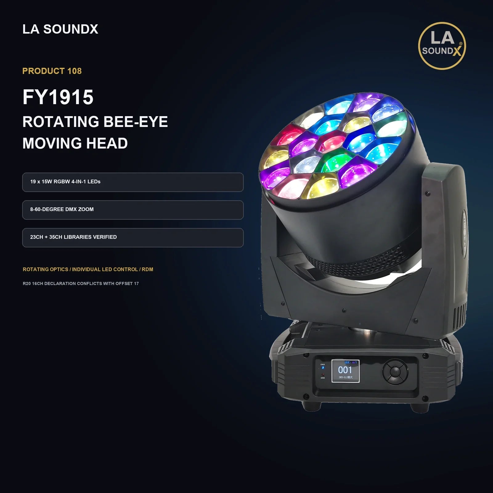 LA SOUNDX FY1915 19 x 15W RGBW Rotating Bee-Eye Moving Head product image 02 delivery 108
