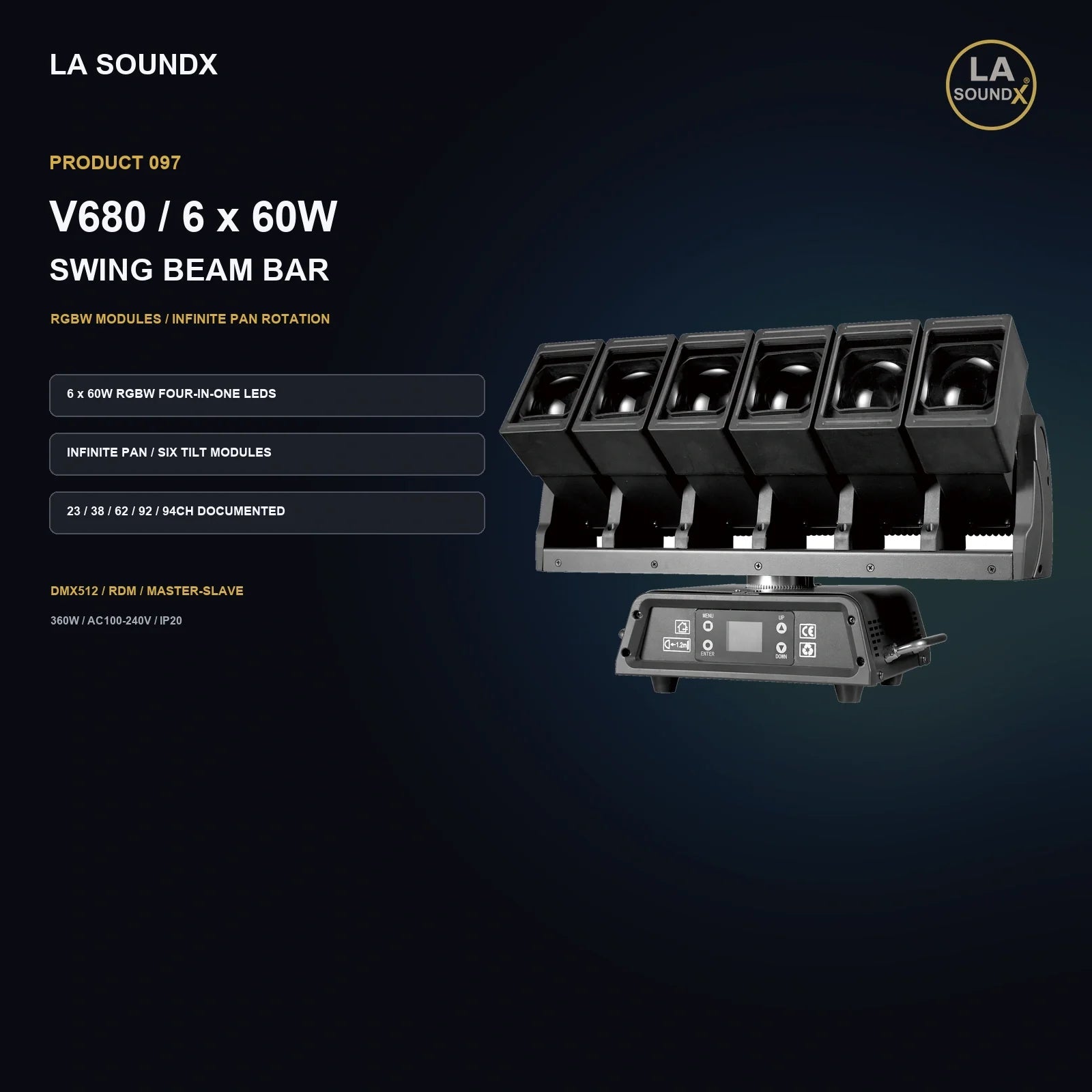 LA SOUNDX V680 6 x 60W RGBW Swing Beam Bar product image 02 delivery 097