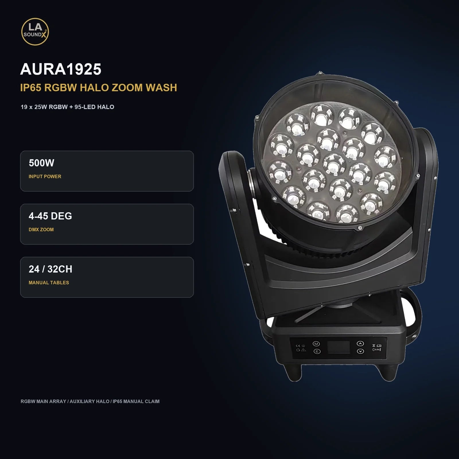 LA SOUNDX AURA1925 19 x 25W RGBW Halo Zoom Wash Moving Head product image 02 delivery 109