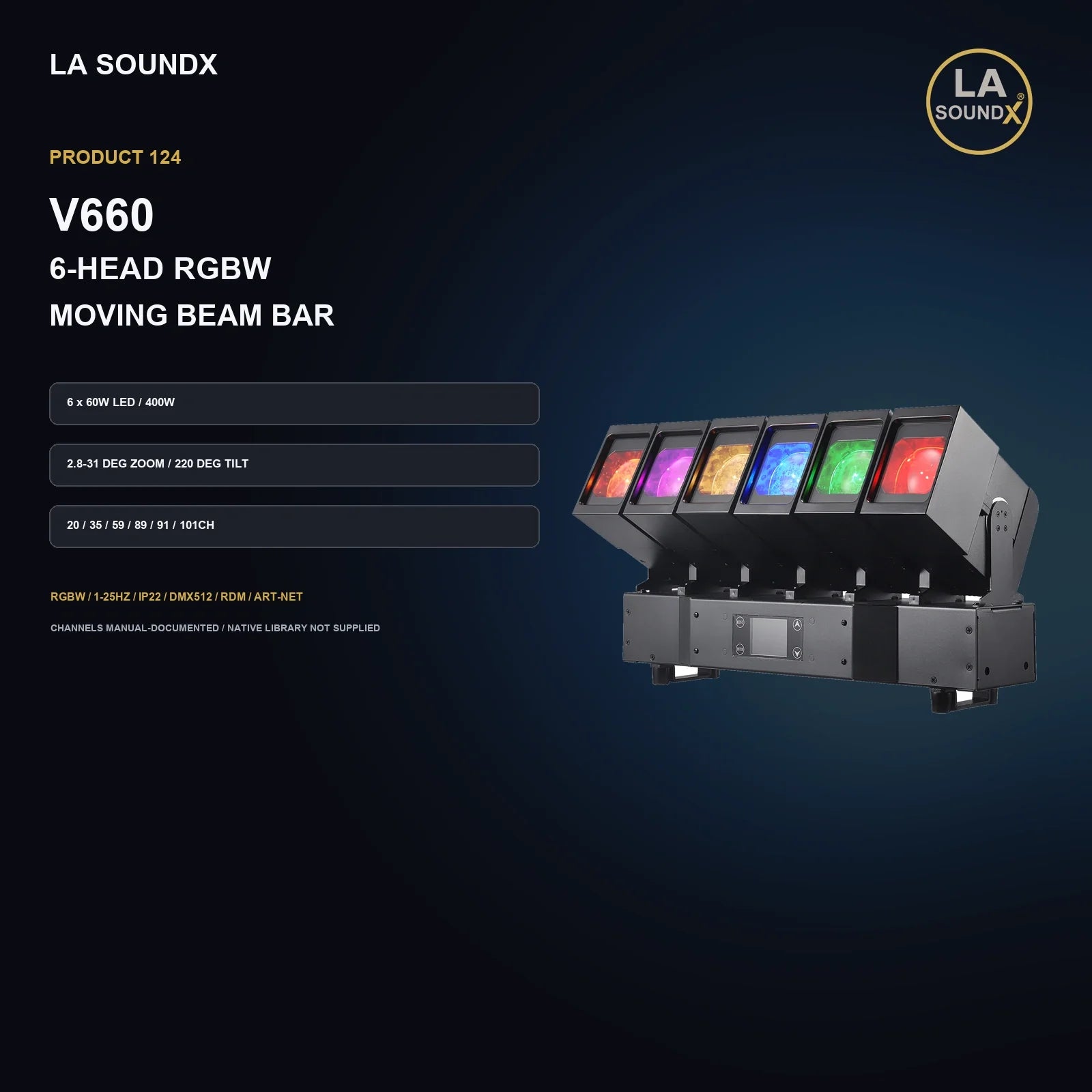LA SOUNDX V660 6 x 60W RGBW Moving Beam Bar product image 02 delivery 124