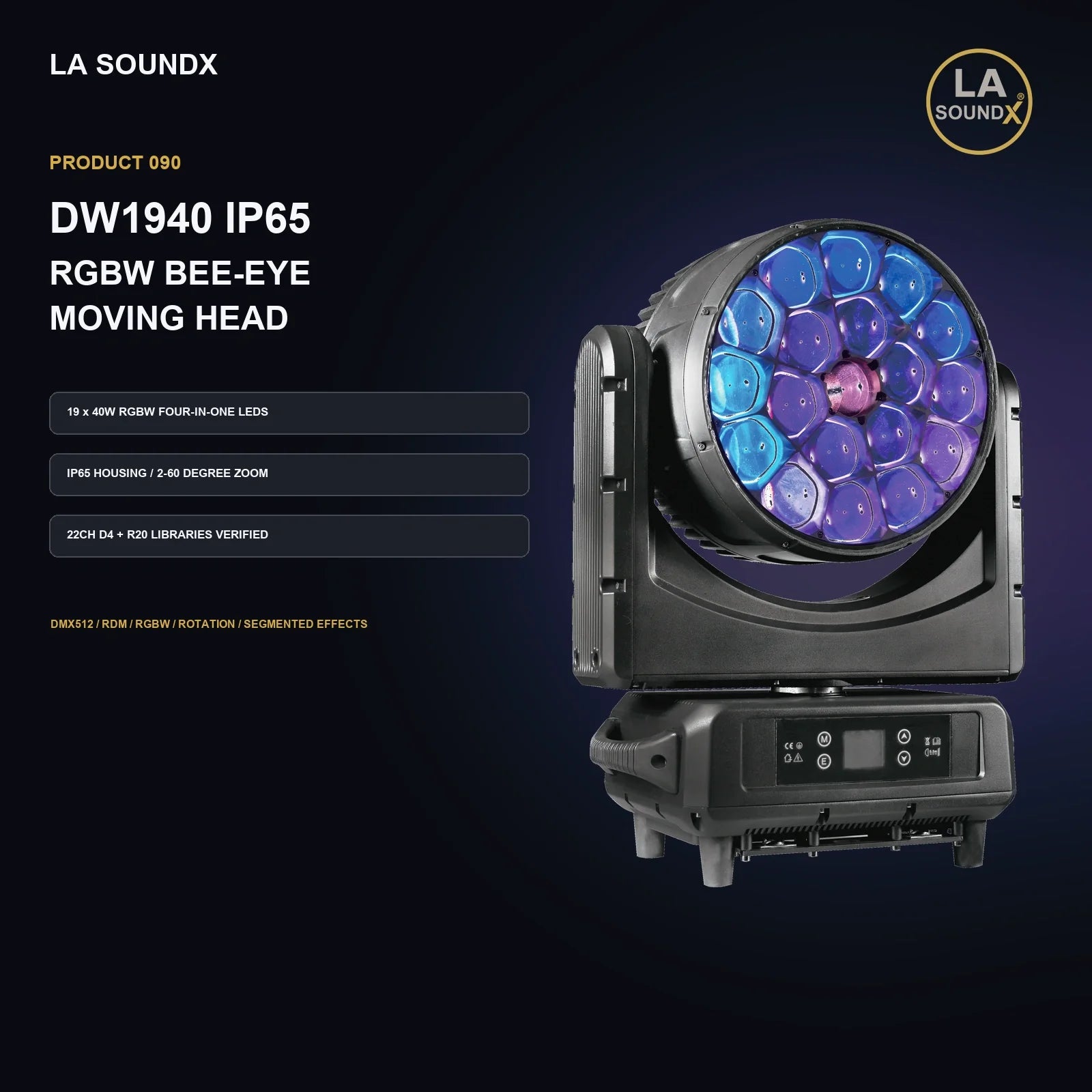 LA SOUNDX DW1940 19 x 40W RGBW IP65 Bee Eye Moving Head product image 02 delivery 090