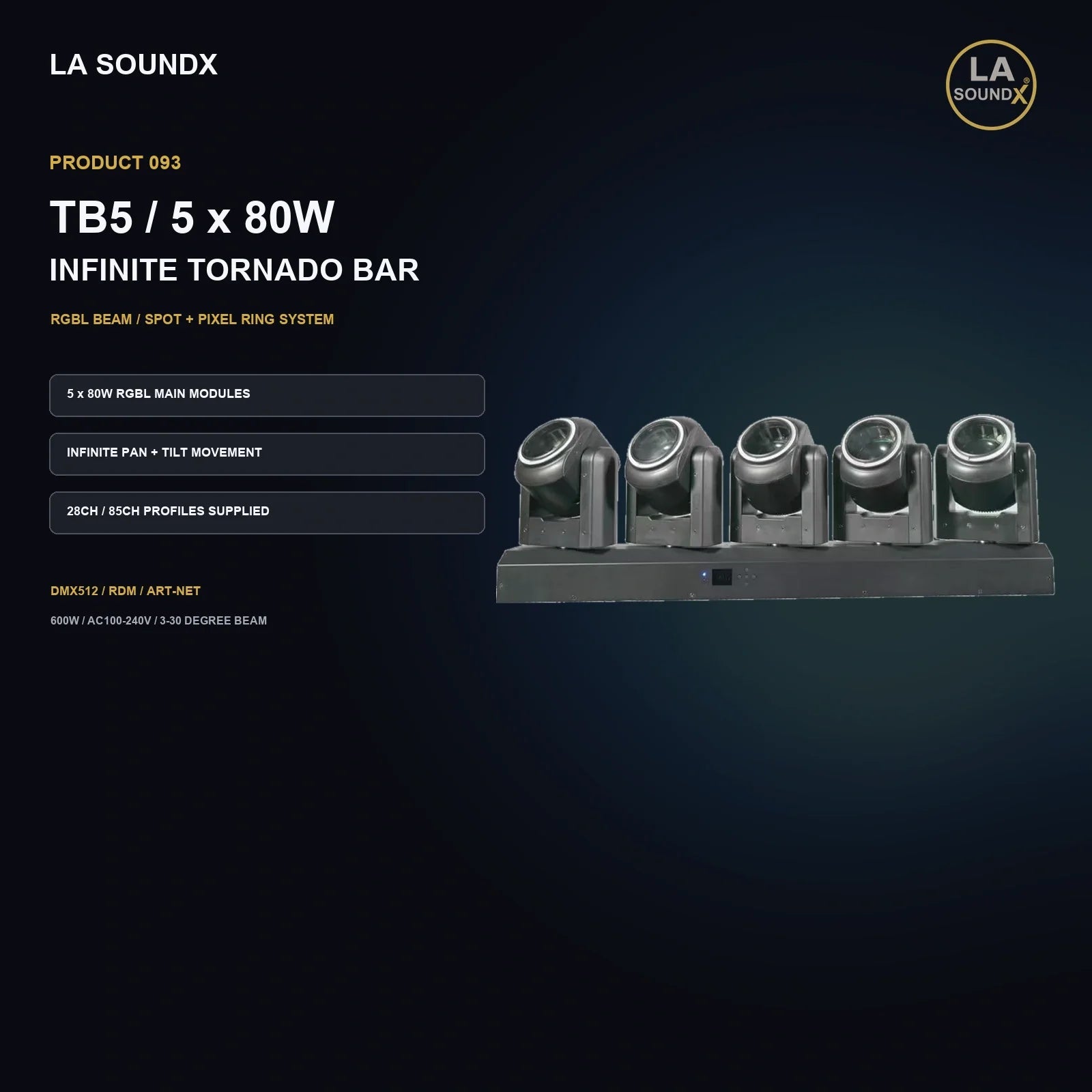 LA SOUNDX TB5 5 x 80W RGBL Infinite Moving Tornado Bar product image 02 delivery 093