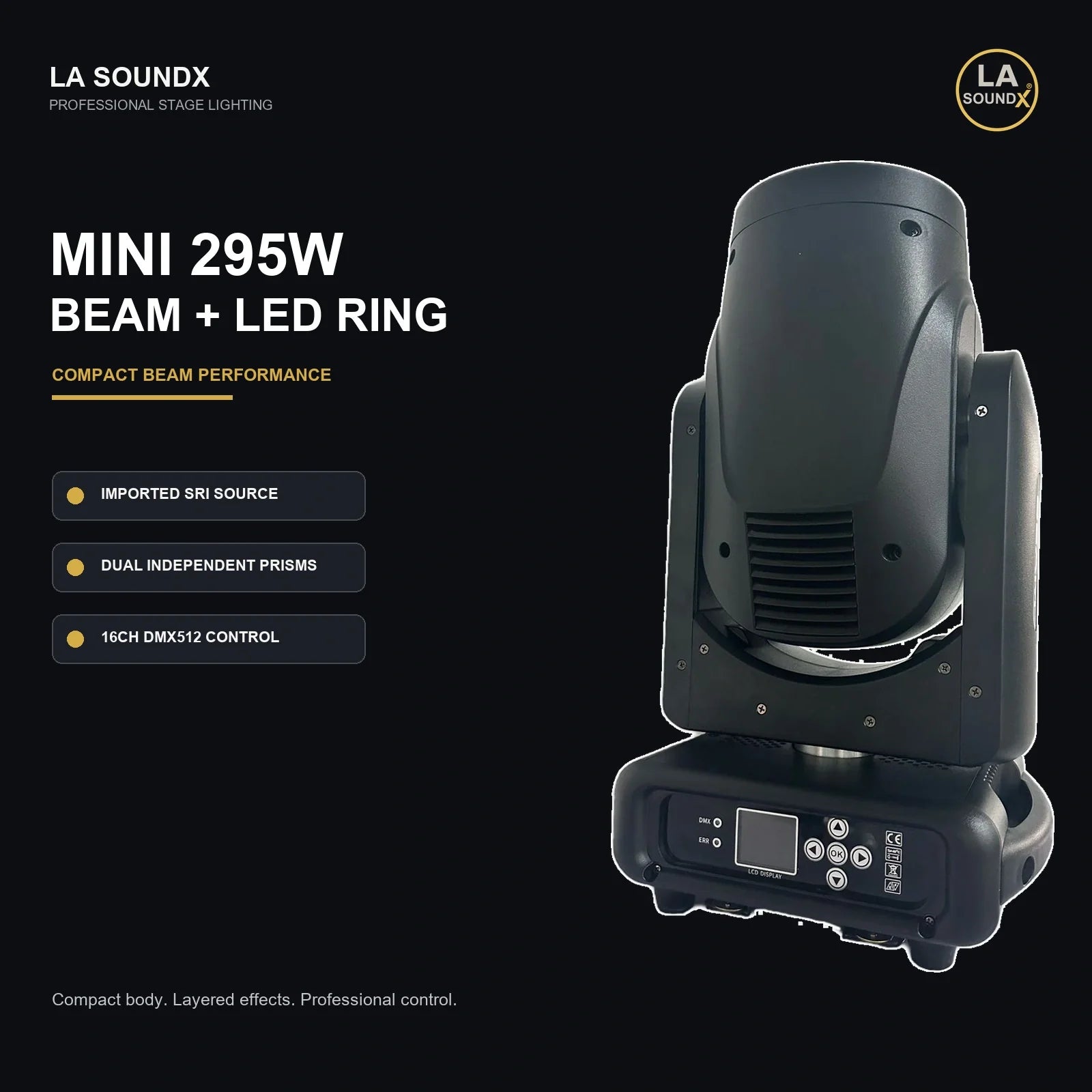 LA SOUNDX Mini 295W Moving Head Beam with LED Ring product image 02 delivery 003