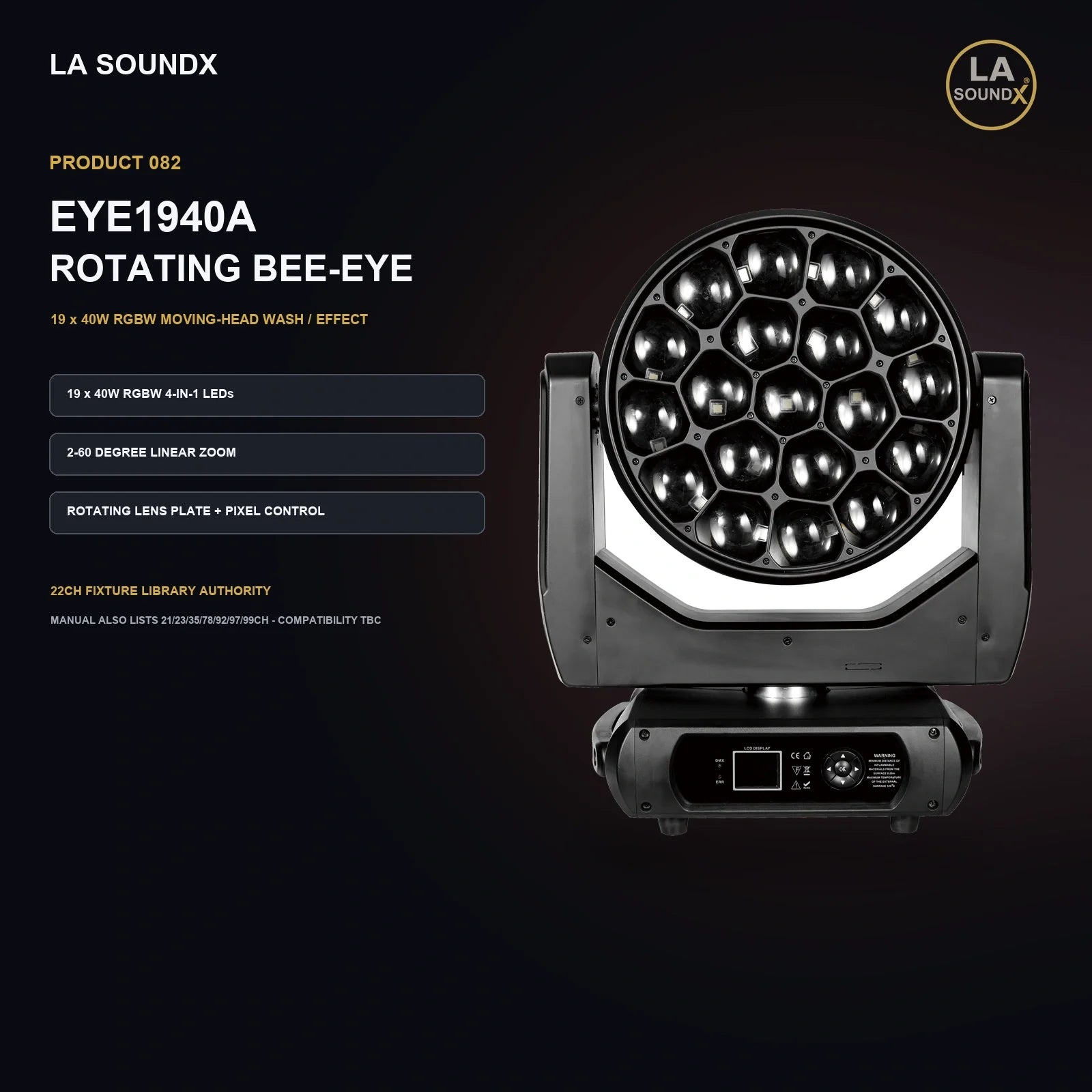 LA SOUNDX EYE1940A 19 x 40W Rotating Bee Eye Moving Head product image 02 delivery 082