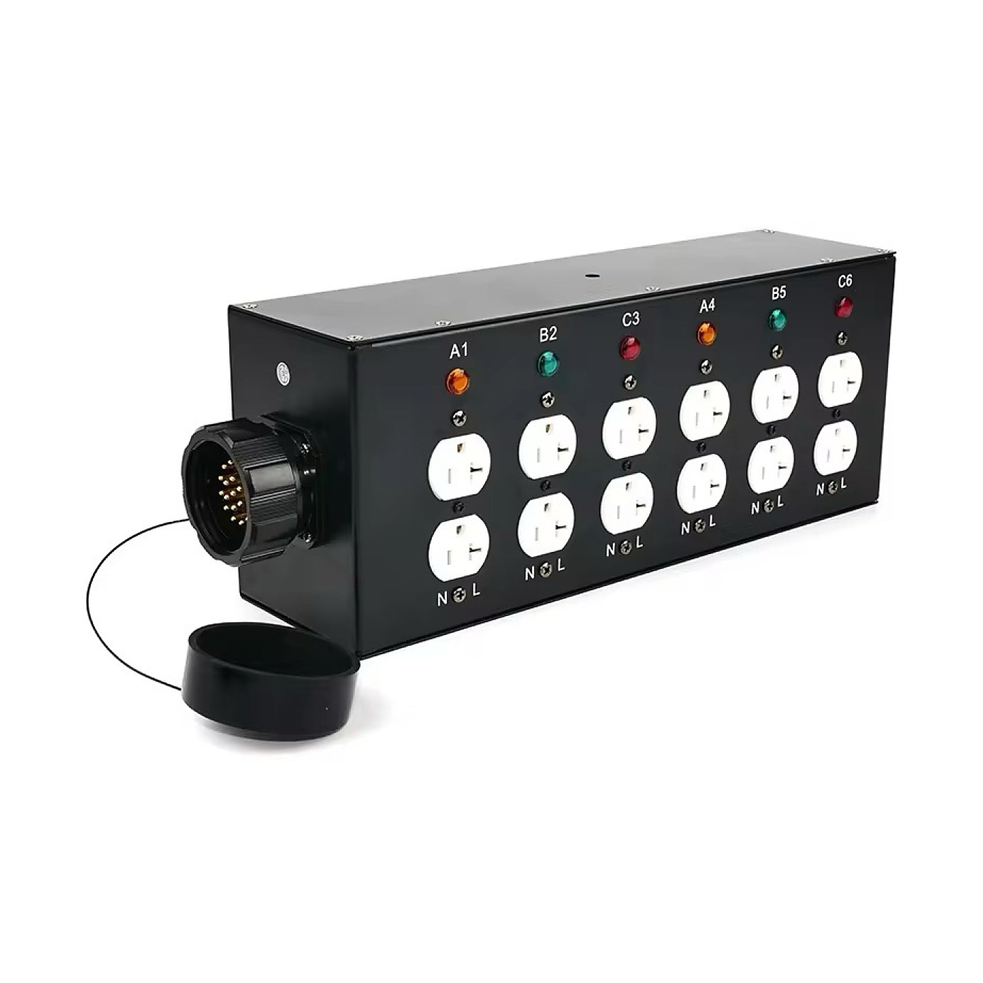 Socapex Male (19-Pin) - Aluminum Alloy Power Distribution Box with Socapex Male Input and 6-Channel Edison Outputs, each channel equipped with indicator light. product image