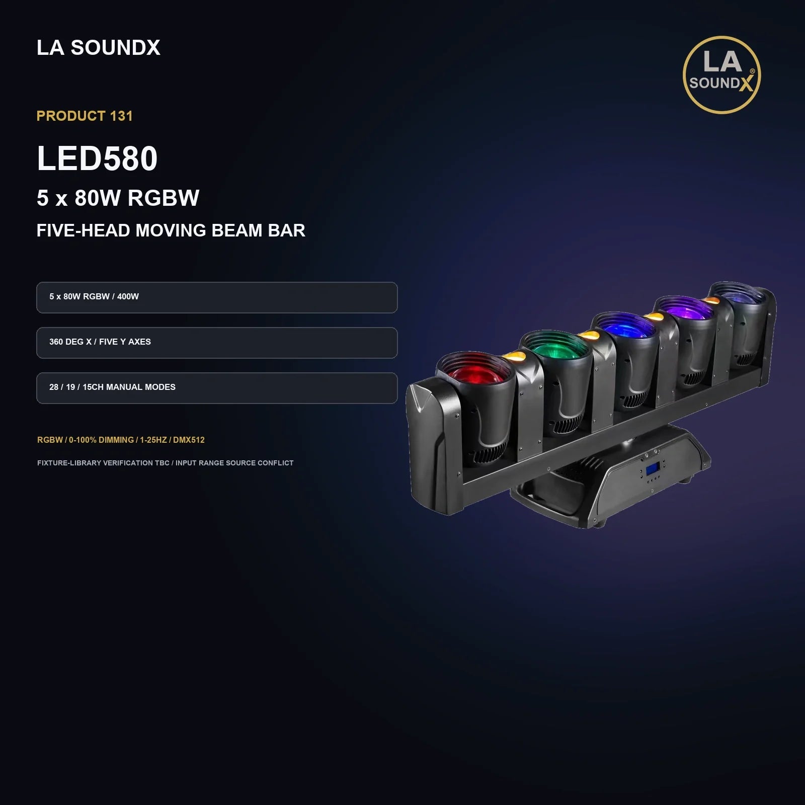 LA SOUNDX LED580 5 x 80W RGBW Five Head Moving Beam Bar product image 02 delivery 131