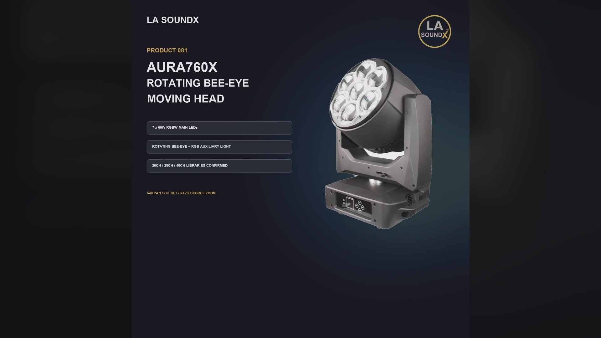 LA SOUNDX AURA760X Rotating Bee Eye Moving Head product video delivery 081