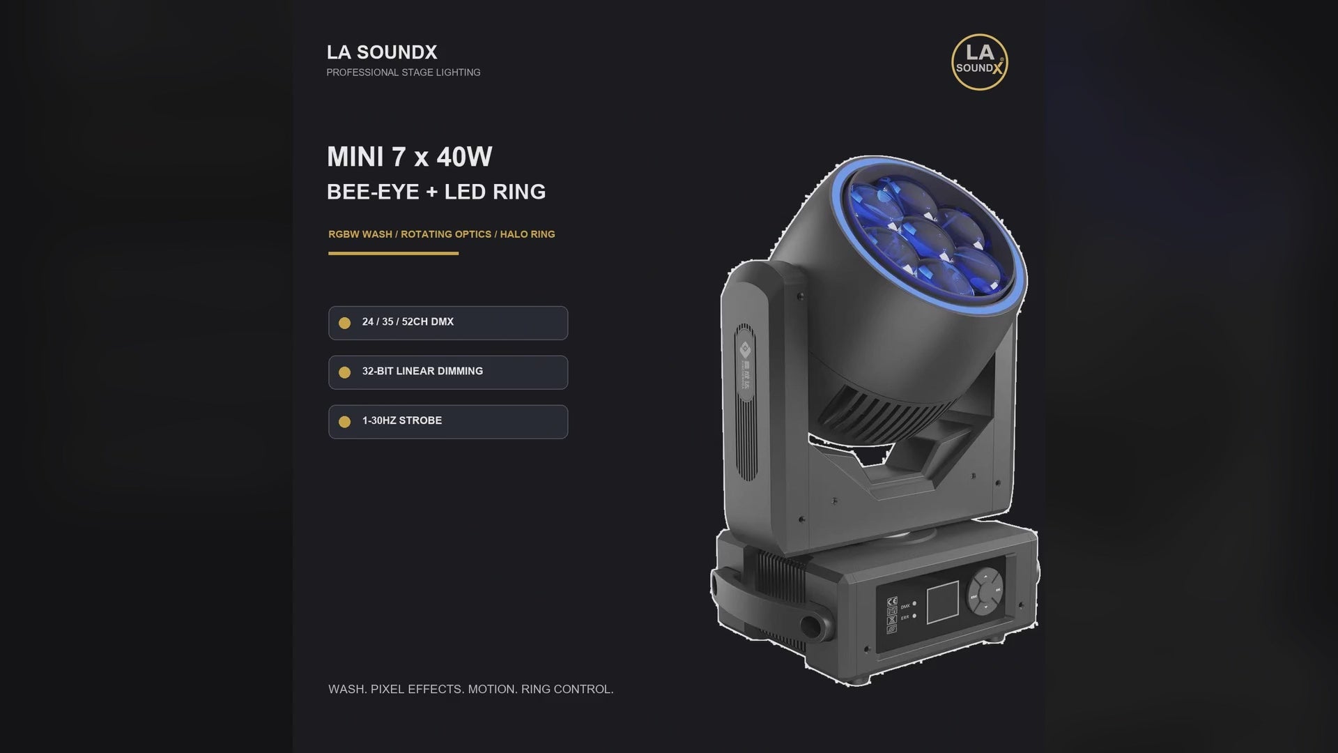 LA SOUNDX Mini 7 x 40W Bee-Eye Moving Head with LED Ring product video delivery 021