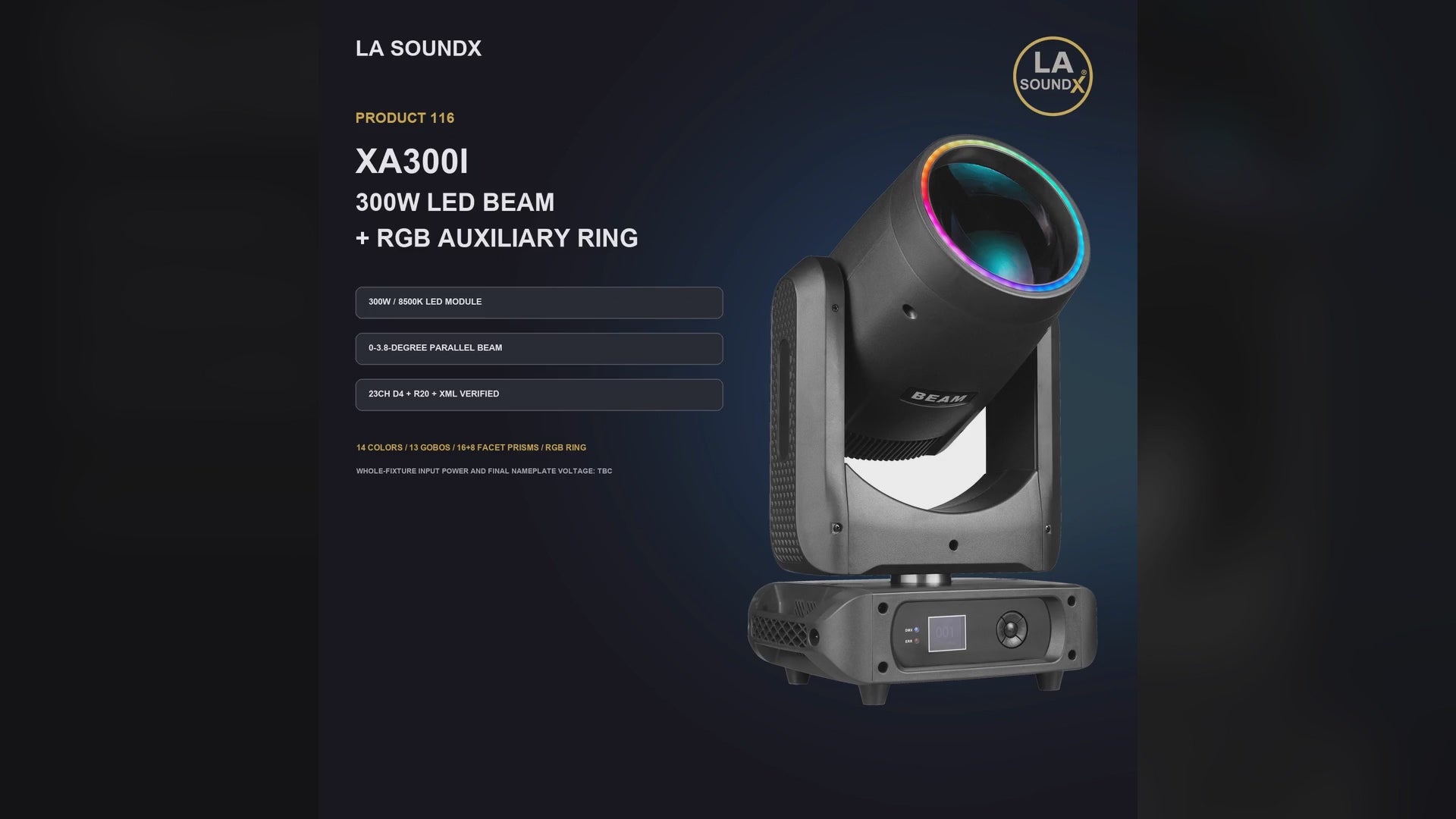 LA SOUNDX XA300I 300W LED Beam with RGB Auxiliary Ring Moving Head product video delivery 116