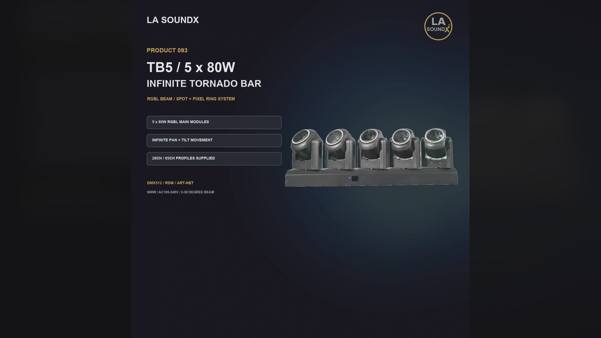 LA SOUNDX TB5 5 x 80W RGBL Infinite Moving Tornado Bar product video delivery 093