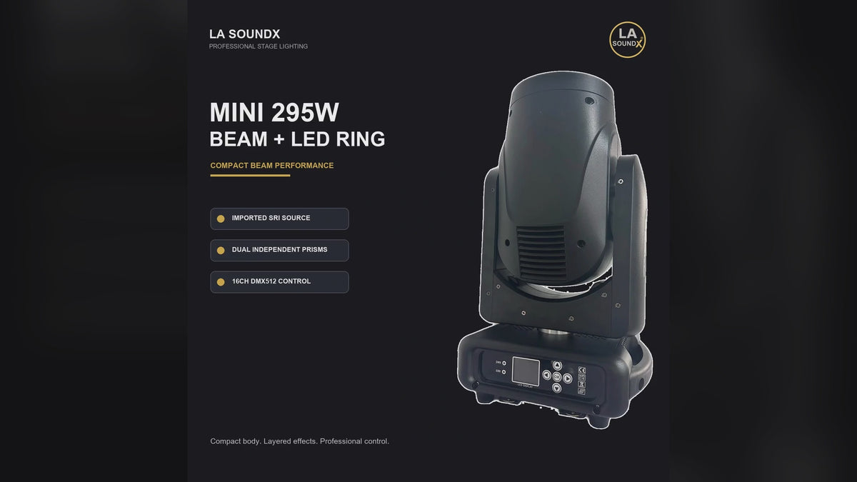 LA SOUNDX Mini 295W Moving Head Beam with LED Ring product video delivery 003