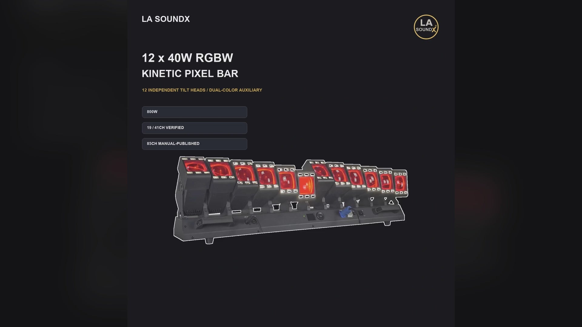 LA SOUNDX 12-head RGBW kinetic pixel bar with auxiliary light product video delivery 031