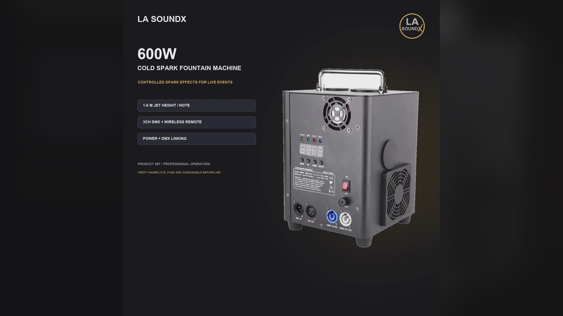 LA SOUNDX 600W Cold Spark Fountain Machine product video delivery 067