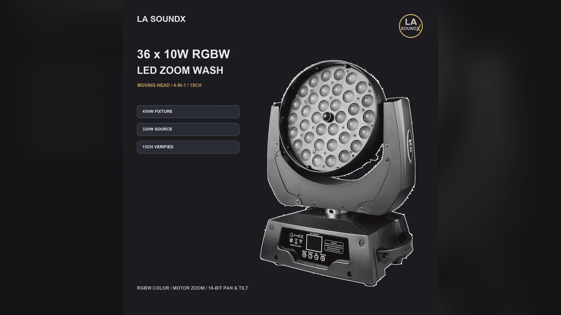 LA SOUNDX 36 x 10W RGBW LED Zoom Wash Moving Head product video delivery 045