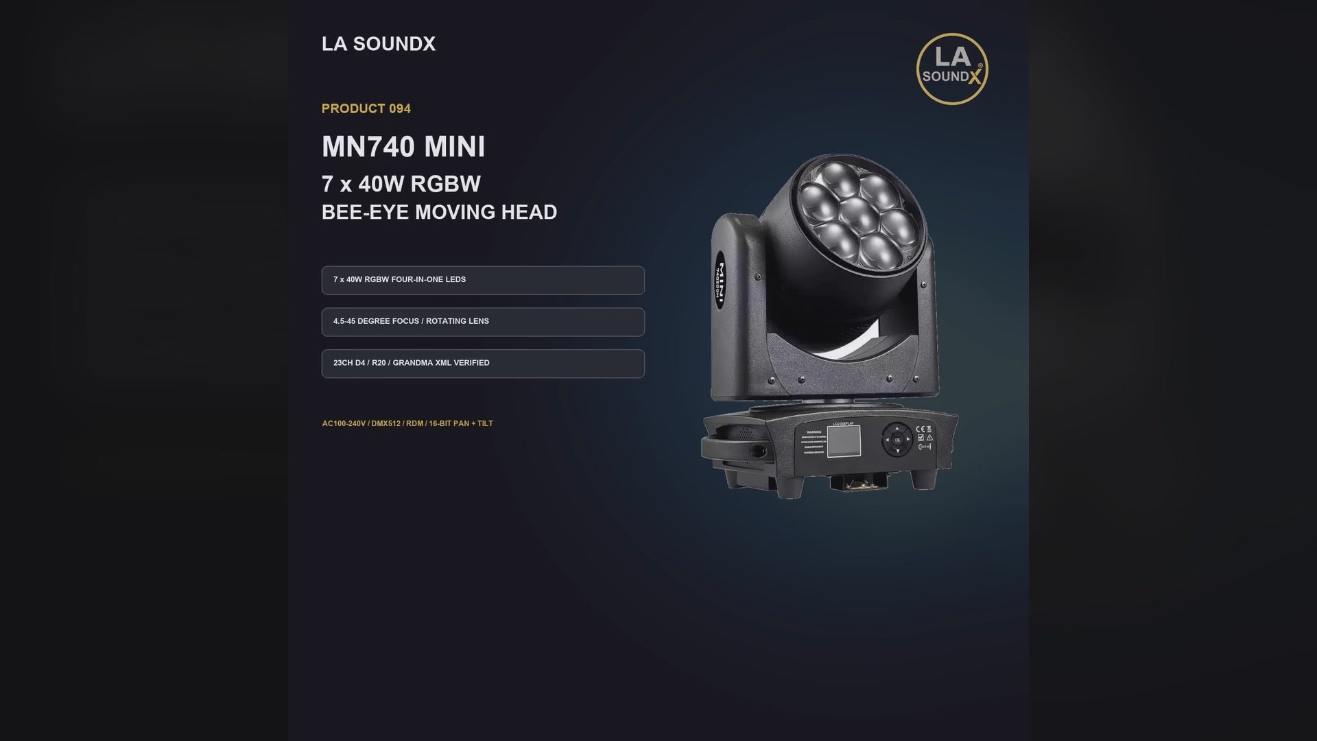 LA SOUNDX MN740 Mini 7 x 40W RGBW Bee Eye Moving Head product video delivery 094