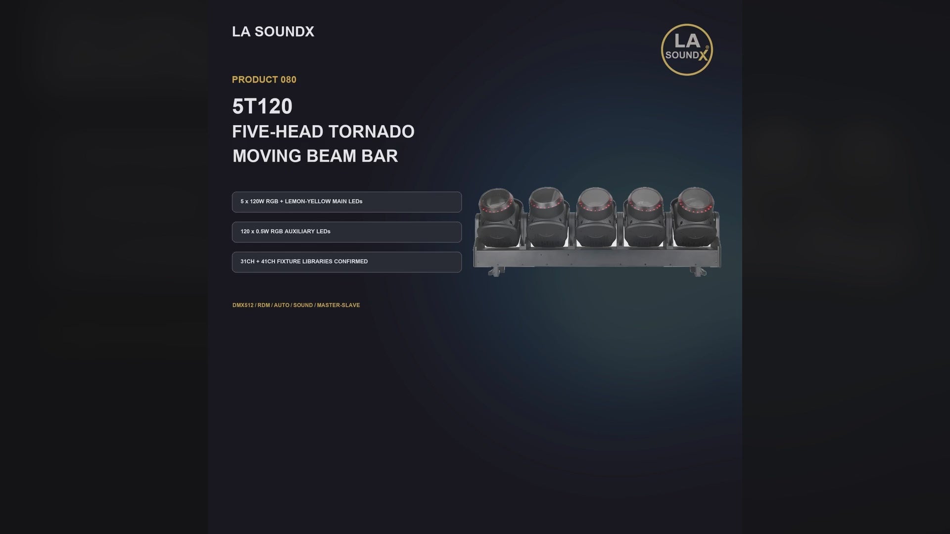LA SOUNDX 5T120 Five Head Tornado Moving Beam Bar product video delivery 080