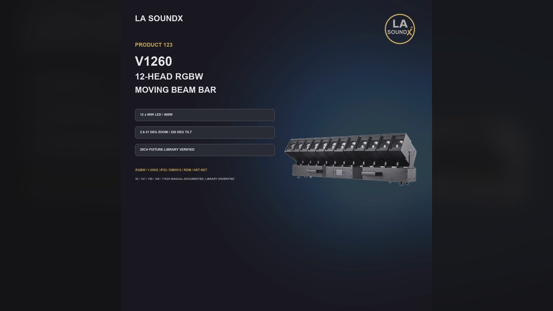 LA SOUNDX V1260 12 x 60W RGBW Moving Beam Bar product video delivery 123