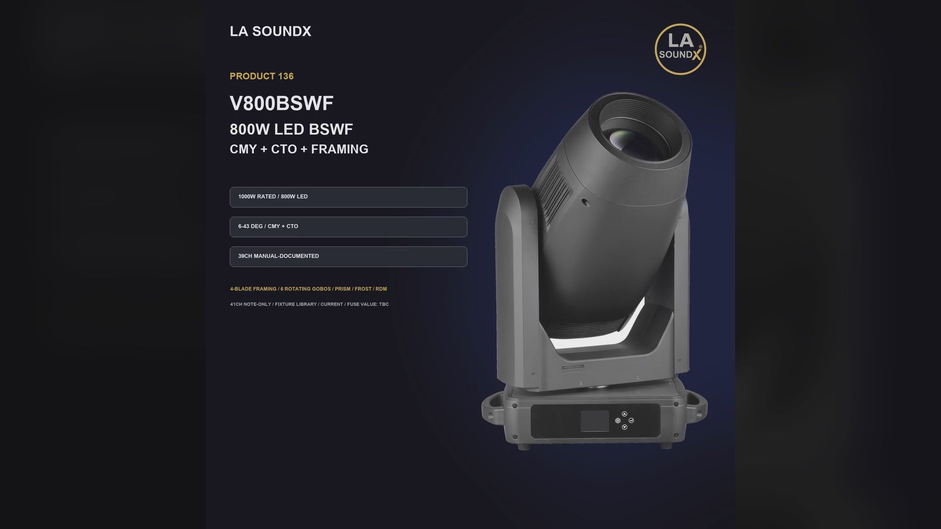 LA SOUNDX V800BSWF 800W LED CMY CTO Framing Moving Head product video 01 delivery 136