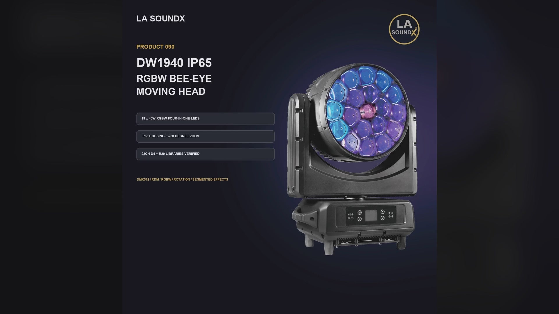 LA SOUNDX DW1940 19 x 40W RGBW IP65 Bee Eye Moving Head product video delivery 090